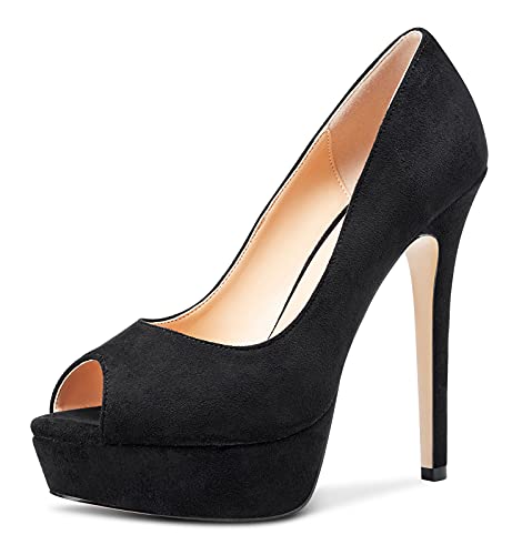 NobleOnly Damen Plattform Peep-Toes Pumps 13CM Stilettos High Heels Schwarz Wildleder Schuhe EU42