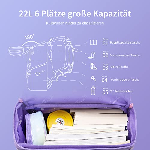 GMT for Kids Schulrucksack Set 5-teilig ergonomische leichte Schultasche für Grundschule Kinder mit Reflektoren, höhenverstellbare Hüftgurt Sicherheit, 22 L(Einhorn)