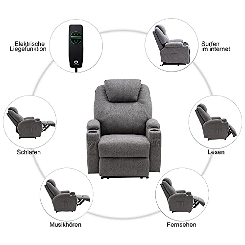 M MCombo Elektrisch Relaxsessel Massagesessel Fernsehsessel Liegefunktion Vibration Heizung 7061 neues Modell (Grau-Stoff)