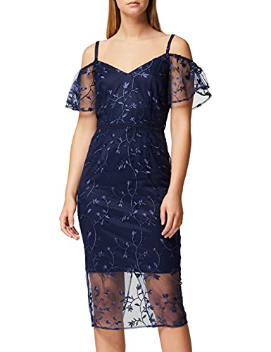 Amazon-Marke: TRUTH & FABLE Damen Schulterfreies Midi-Kleid aus Spitze, Blau (Navy), 38 Label:S