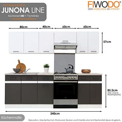 Küche 240cm von FIWODO® - ERWEITERBAR - günstig + schnell - Einbauküche Junona Line Set 240-4 Fronten wählbar (ANTHRAZIT GRAU/Weiss)