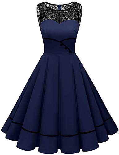 Bbonlinedress Rockabilly Kleider Damen Winterkleid Abendkleider elegant für Hochzeit Jugendweihe Kleider Spitzenkleid Vintage Kleider Cocktailkleid Konfirmationskleider Navy 3XL