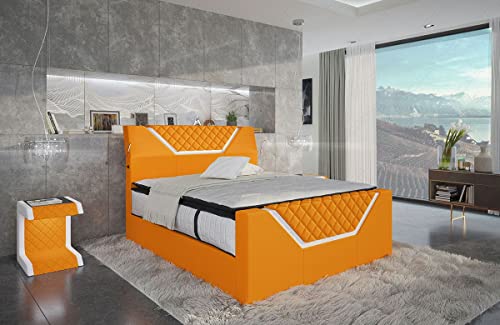 Sofa Dreams Boxspringbett Nantes Polsterbett in Mikrofaser USB Anschluss LED Licht Stauraum Bett in 140x200 160x200 180x200 200x200 200x220 (200 x 220 cm, Orange-Weiß-m16)