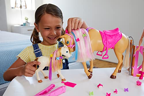 Barbie GXV77 - Frisier- und Reitspaß, Reitset mit Pferd, Pony, Puppe und über 20 Zubehörteilen, für Kinder ab 3 Jahren