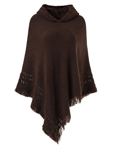 Ferand Damen Kapuzen Poncho mit Häkelborde, Cape für Frauen aus Strickmaterial mit Zierfransen, braun