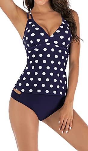 LA ORCHID Laorchid Damen Tankini Set Push up Badeanzug high Waist Zweiteiliger bademode Tankini Schwimmanzug Strandmode Sportlich gepolstert Blau gepunktet M