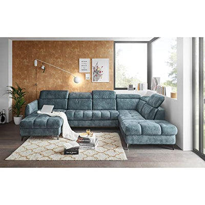 TOGO Wohnlandschaft in U-Form, Stoffbezug Smoke Blue - Ausziehbares Sofa mit Schlaffunktion, Bettkasten & verstellbaren Kopfteilen - 347 x 82 (99) x 221 cm (B/H/T)