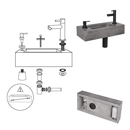 Differnz Jax Waschbecken klein - Handwaschbecken Beton Grau - Armaturen Matt Schwarz - Seifenspender - Wasserhahn Rechts - Waschtisch - 42 x 18.5 x 9 cm