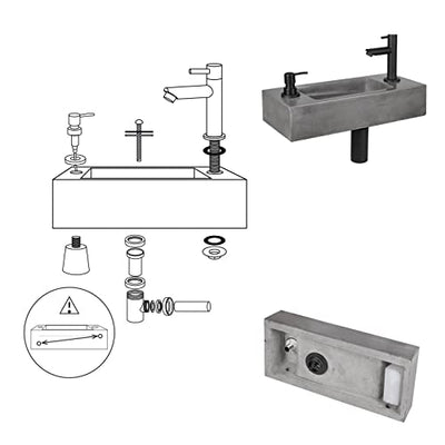 Differnz Jax Waschbecken klein - Handwaschbecken Beton Grau - Armaturen Matt Schwarz - Seifenspender - Wasserhahn Rechts - Waschtisch - 42 x 18.5 x 9 cm