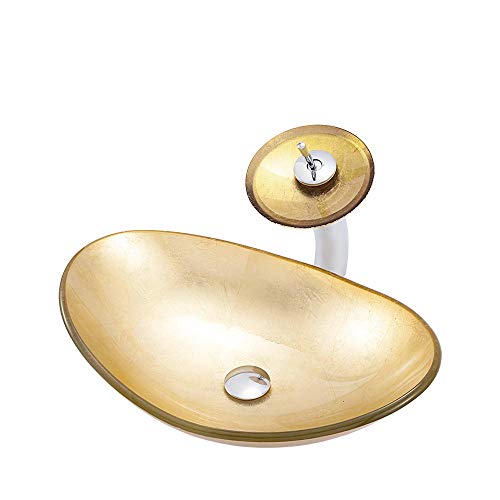 HomeLava Glas Waschbecken Set Aufsatz-Waschbecken Handwaschbecken Waschtisch mit Wasserfall Wasserhahn Oval Golden