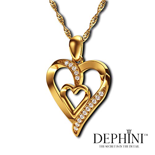 DEPHINI Gold Halskette - Gelb Hallmarked 18 Karat Gold - Double Love Herz Anhänger mit CZ-Kristallen - Feine Schmuck Frau Halskette - 18 Karat Gold Kette 18 Zoll - A + Zirkonia - Geschenke für Frauen