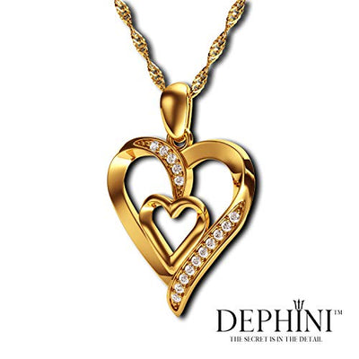 DEPHINI Gold Halskette - Gelb Hallmarked 18 Karat Gold - Double Love Herz Anhänger mit CZ-Kristallen - Feine Schmuck Frau Halskette - 18 Karat Gold Kette 18 Zoll - A + Zirkonia - Geschenke für Frauen