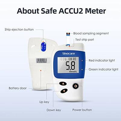 sinocare Safe Accu2 Blutzuckermessgerät, Blutzuckertester Set mit 100 teststreifen und 100 Lanzetten, mg/dL, Selbsttest Diabetes-Set