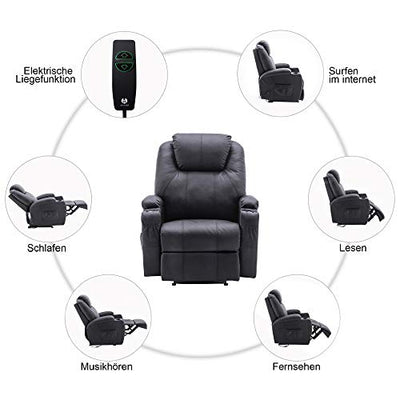 M MCombo Elektrisch Relaxsessel Massagesessel Fernsehsessel Liegefunktion Vibration Heizung 7061 neues Modell (Schwarz-Kunstleder)