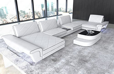 Wohnlandschaft Bari in Leder mit USB-Anschluss Steckdosen Sofa mit Kopfstützen Ledersofa Designersofa U Form Couch (Ottomane Links (auf Sofa blickend), Weiss-Schwarz)