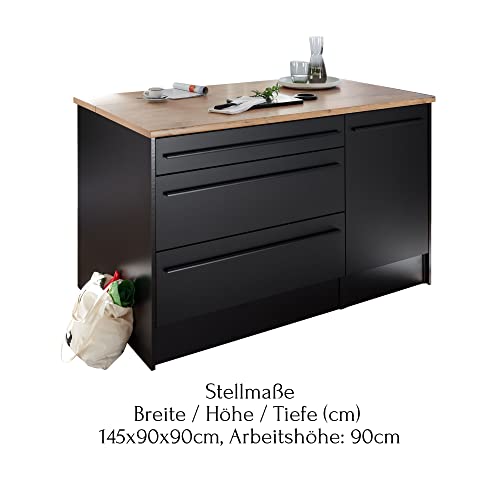 Stella Trading Jazz Moderne Kücheninsel mit Arbeitsplatte freistehend in Schwarz matt, Lanzelot Eiche Optik-Geräumiger Küchenschrank, Holzwerkstoff, 145 x 90 x 90 cm