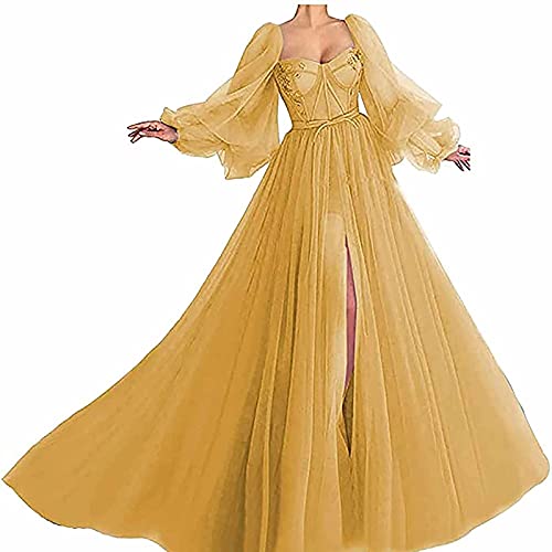 BBOOY Damen Elegantes Langes Ballkleid, Sexy Puffy Sleeve Ballkleid Lang mit Schlitz Plus Size Brautjungfernkleider für Hochzeiten,Gold,US16