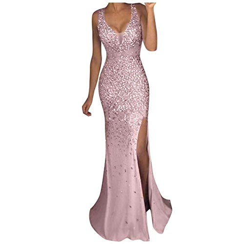 OPAKY Kleider für Frauen UK Pailletten Abschlussball Party Ballkleid Sexy Gold Abend Brautjungfer V-Ausschnitt Langes Kleid, rose, Small