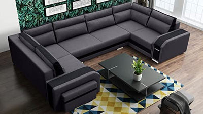 MKS MEBLE Ecksofa mit Hocker und Schuublade - U-Form Sofa Mit Schlaffunktion - Wohnlandschaft - Ausklappbar Bettsofa - Wohnzimmer U Couch - Polstersofa mit Bettkasten ASSAN U