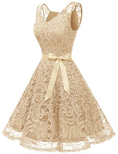 Dressystar DS0010 Brautjungfernkleid Ohne Arm Kleid Aus Spitzen Spitzenkleid Knielang Festliches Cocktailkleid Champagne XXL