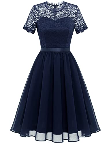 Dressystar Damen Elegant Abendkleider mit Ärmeln Knielang Cocktailkleider Rundausschnitt Partykleid LF22 Marineblau M