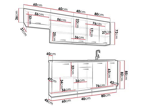 Küche Lakard I 180/240 cm, Küchenblock/Küchenzeile, 7 Schrank-Module frei kombinierbar, Metallbox Schubladensystem (Asche/Artisan + Graues Graphit + Schwarzer Stein, mit LED Beleuchtung)