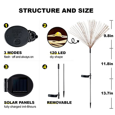 2 STÜCKE Solar Feuerwerk Licht, Outdoor Solar Garten Dekorative Lichter 120 LED Angetrieben 40 Kupferdrähte Schnur DIY Landschaftslicht für Gehweg Wege Hinterhof Weihnachtsdekoration Partys (Warmweiß)