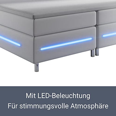 Juskys Boxspringbett Norfolk 180 x 200 cm - LED-Beleuchtung, Bonell-Matratze & Topper - 66 cm Komforthöhe - weiß - Bett Doppelbett Polsterbett