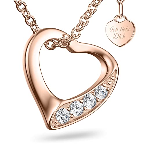 Amoonic Damen Herzkette *Heartbeat* Silber 925 Rosegold vergoldet mit Zirkoniasteinen I Eine Halskette für die Liebe | Edles *Ich Liebe Dich* Geschenk