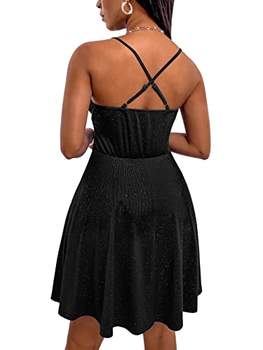 SheIn Damen Elegant Kleid Ohne Ärmel Skaterkleid A Linie Partykleid Vintage Kurz Cocktailkleid Träger Freizeitkleid mit V Ausschnitt Schwarz M