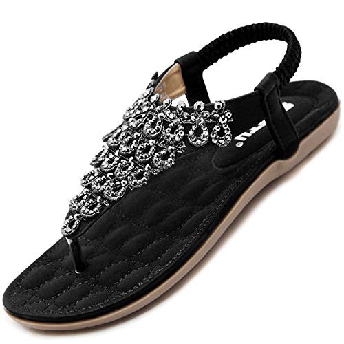 Flach Bohemian Zehentrenner Damen Sommer Sandalen mit Weiche Fußbett Strand Flip Flops Elegant Leder Sandaletten Frauen Outdoor Freizeit Beach Schuhe Schwarz 37 EU = Herstellergröße 38