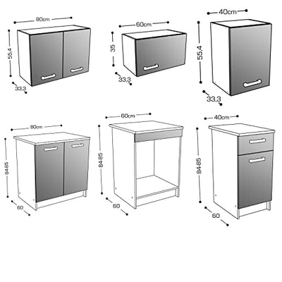 MEUBLE COSY L 180 cm Küchenunterschrank mit Oberschrank für die Küche, Holzwerkstoff, Grau