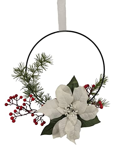 2474U Dekoring White Christmas weiß-rot naturgetreue Blüten mit 20er MikroLED Lichterkette im Metallring ca. 33cm Ø mit Organzaband zum Aufhängen Gesteck Weichnachtsstern weiß Beeren rot Zeder Tanne