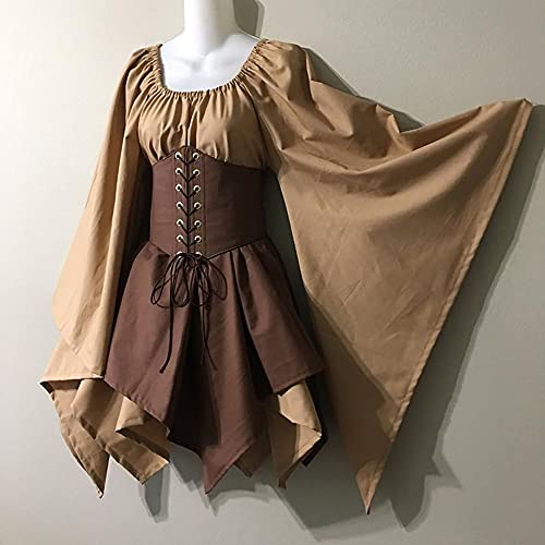 wuchun Damen Kurzes Mittelalter Renaissance Kleid Gothic Kostüm Korsett Flare Langarm Retro Kleider Halloween Cosplay, Khaki