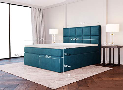 Betten Jumbo Dream Boxspringbett 180x200 mit 7-Zonen TFK Härtegrad H3 und Visco-Topper | Farbe Velour-Petrolblau | div. Größen verfügbar