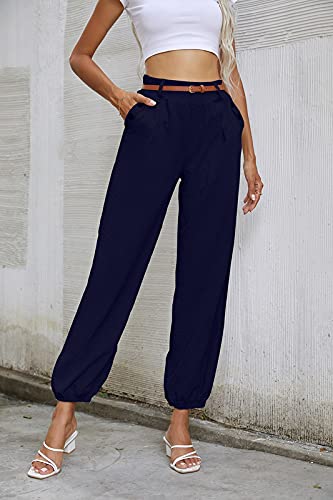 OEAK Damen Leinen Hose Haremshose Lang Chino Einfarbig Sommerhose Pumphose Aladinhose Pluderhose Baggy Harem Stil Strandhose mit Gürtel,Marine,Gr.L