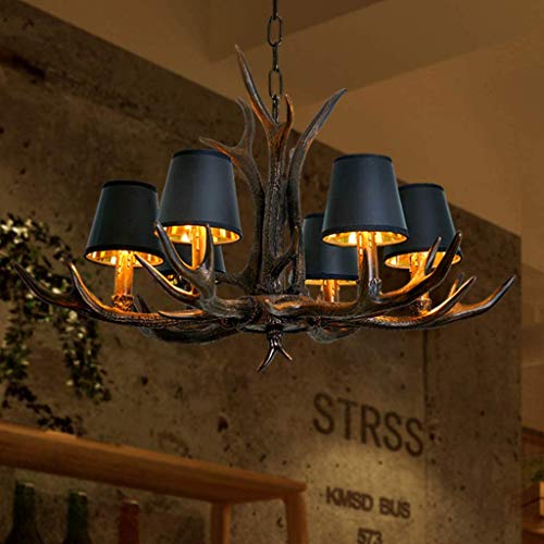 Retro Pendelleuchte Esstischlampe Antik Kronleuchter Geweih Resin Hängeleuchte Schwarzer Lampenschirm E14×6 Leuchter Höhenverstellbar Hängelampe Esszimmer lampe Wohnzimmer Beleuchtung Deckenlampe