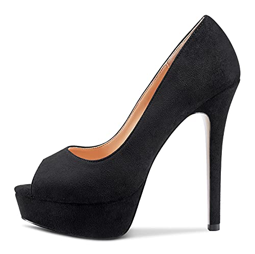 NobleOnly Damen Plattform Peep-Toes Pumps 13CM Stilettos High Heels Schwarz Wildleder Schuhe EU42