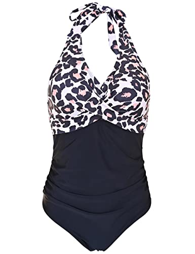 SEBOWEL Badeanzug Damen Raffung V Ausschnitt Monokinis Bauchweg Einteilige Bademode Swimsuit Leopard XL