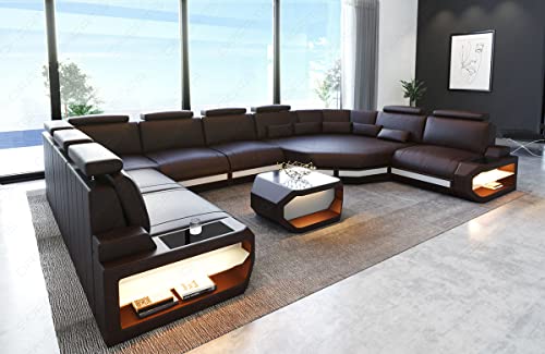 Leder Wohnlandschaft Asti Sofa U Form mit LED Beleuchtung Kopfstützen Designersofa Couch (große Ecke rechts, Dunkelbraun-Weiß)