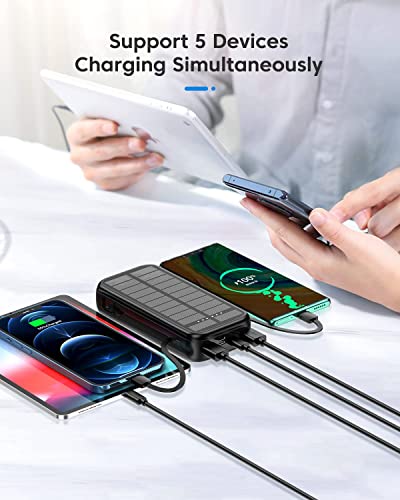 Solar Powerbank 30000mAh 20W Schnelles Aufladen Externe Akkus Power bank USB C Tragbares Ladegerät Outdoor 5 Ausgängen und 4 Eingängen Powerbank mit Kabel für iPhone Samsung Huawei Xiaomi Oppo Schwarz