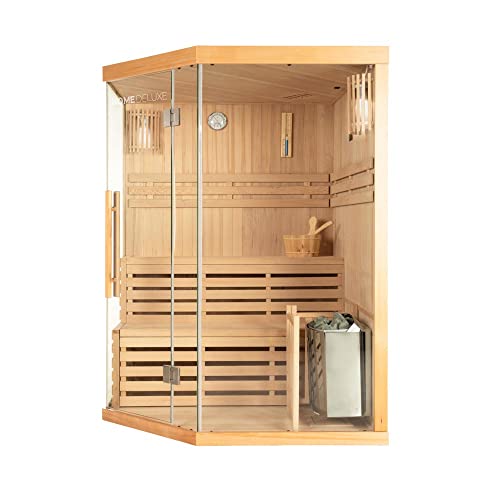 Home Deluxe - Traditionelle Sauna - Skyline XL - Maße: 150 x 150 x 200 cm - für 2-3 Personen, Hemlocktanne, inkl. Ofen, Saunazubehör I Dampfsauna Aufgusssauna Finnische Sauna