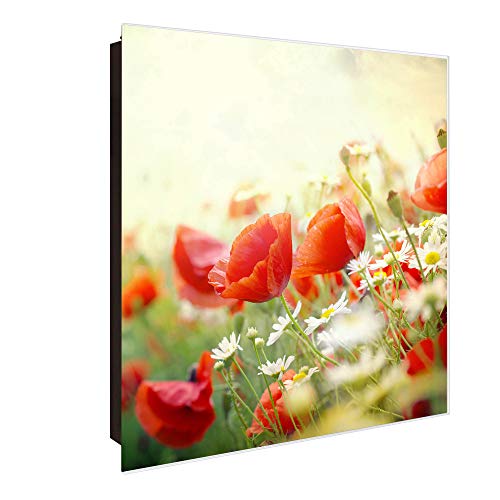 banjado® Großer Schlüsselkasten aus Glas - Schlüsselbox 30x30cm mit 50 Haken - Motiv Kamille Und Mohn - Schlüsselschrank für Schlüsselaufbewahrung mit beschreibbarer Glastür als Magnettafel nutzbar