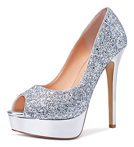 NobleOnly Damen Plattform Peep-Toes Pumps 13CM Stilettos High Heels Silber Glitter Schuhe EU39