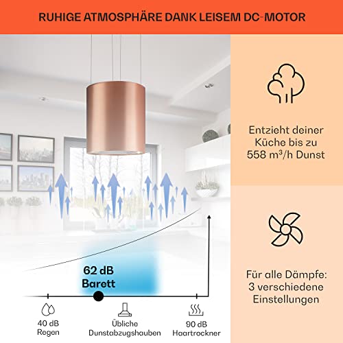 Klarstein Inselhaube, Dunstabzugshaube Umluft, Leise Abzugshaube für Kochinsel, Aktivkohlefilter, Inselhauben Freihängend Kronleuchter-Design, 3 Stufen Dunstabzugshaube mit Filter, 558m³/h Luftstrom