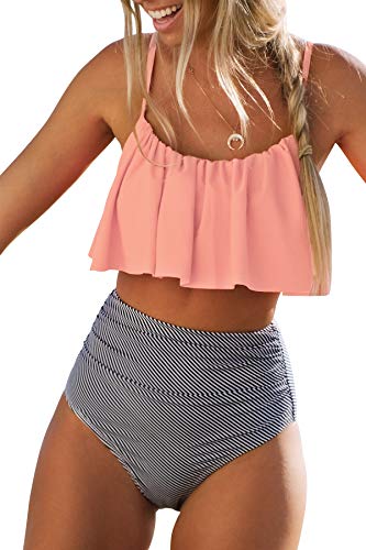 CUPSHE Damen Bikini Set Falbala Rüschen High Waist Bauchweg Bademode Zweiteiliger Badeanzug Rosa L