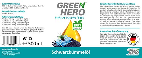 Green Hero Premium Schwarzkümmelöl 500 ml für Hunde und Pferde - Kümmelöl reich an Omega 6 und 9 Fettsäuren sowie Linolsäure - Barf Zusatz - Einzelfuttermittel