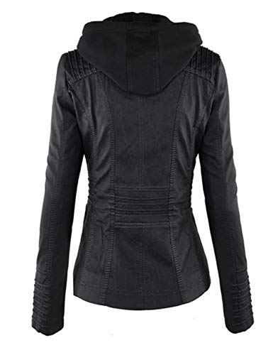 Seamido Lederjacke Damen Herbst Winter Motorrad Jacke Bomberjacke Bikerjacke mit Reißverschluss Kapuzen Übergangsjacke(Schwarz, L)