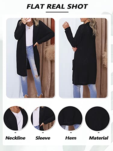 Uusollecy Strickjacke Damen Lang Einfarbige Grobstrick Strickcardigan, Herbst Winter Waffel Strickmantel, Casual Langarm Open Front Sweater Cardigan Outwear mit Tasche Schwarz XL