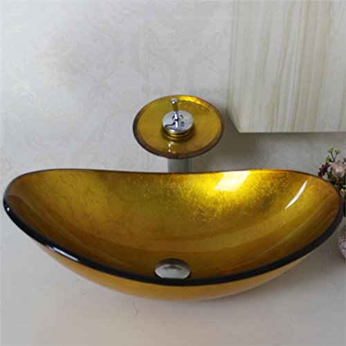 HomeLava Modern Gold Oval Gehärtetes Glas Waschbecken mit Wasserfall Armatur Set